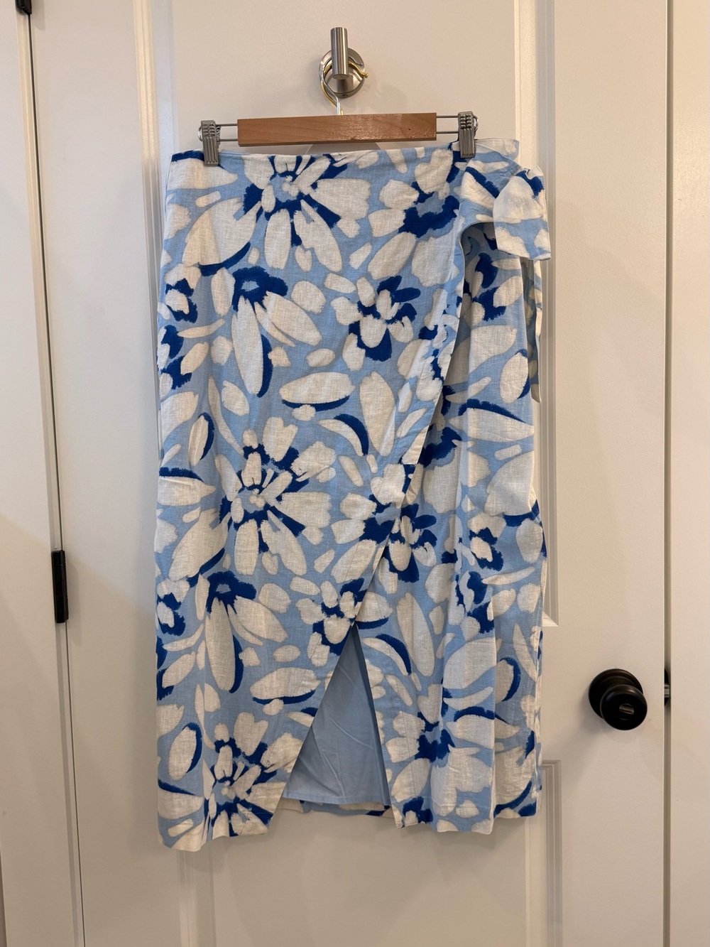 LOFT Blue and White Floral Wrap Midi Skirt